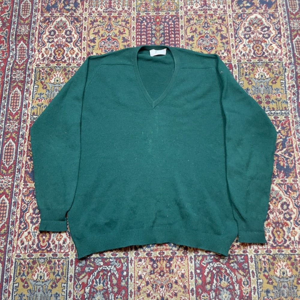 VTG 60s 70s James Pringle Mills Green Pure New Wool V-Neck Sweater Mens Scotland